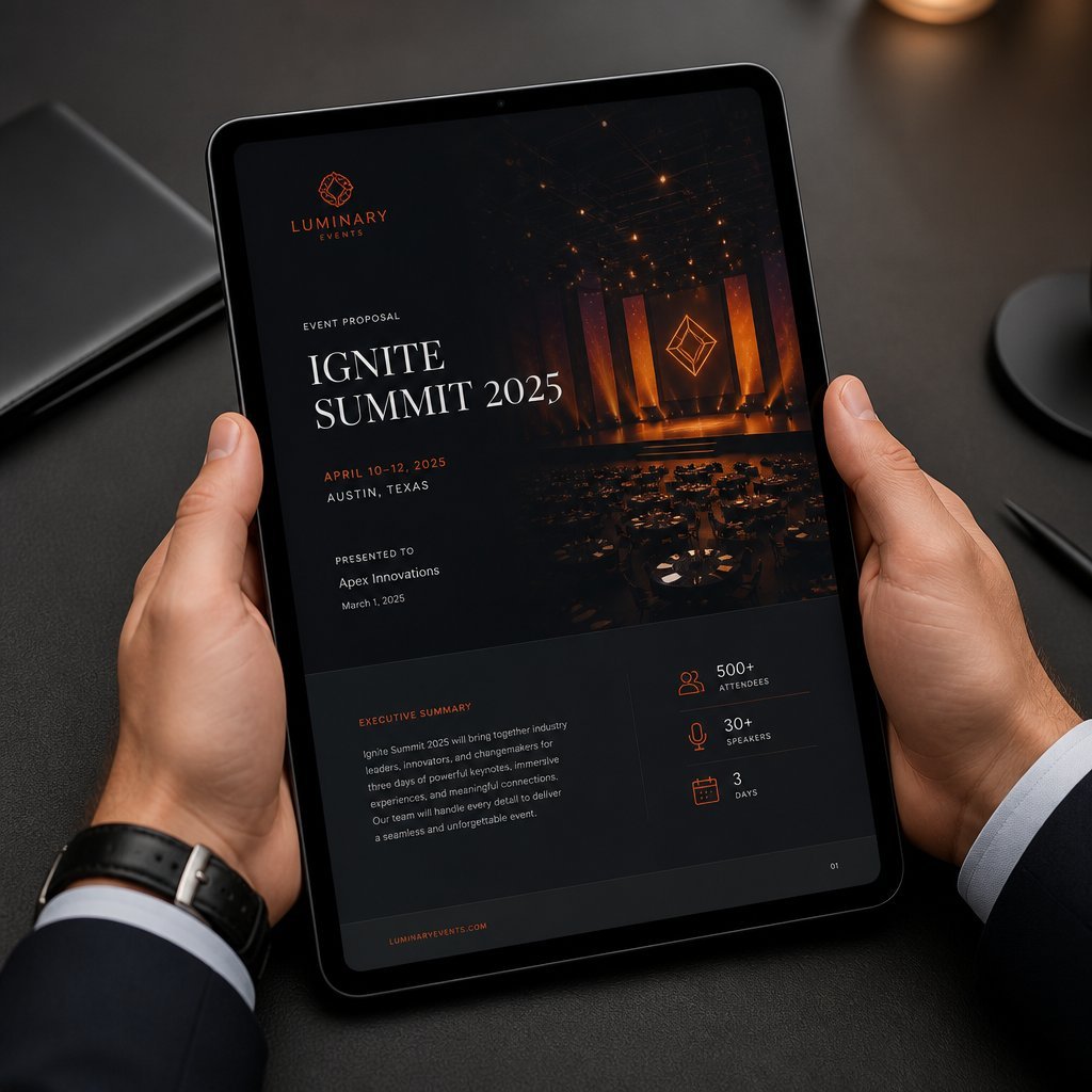 Proposta de evento digital exibida em tablet